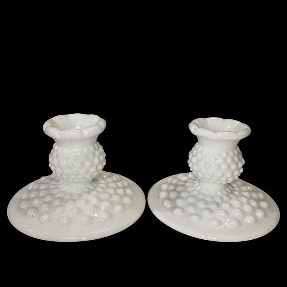 Vintage Fenton Hobnail 2 Piece‎ Candle Holder Set White Milk Glass Romantic Gift